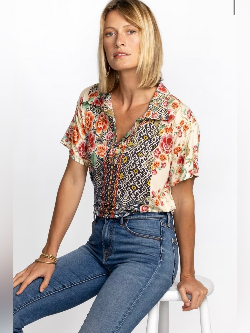 Johnny Was Aztec Flower Short Sleeve Polo Tee Bamboo Blend Floral Patchwork XS